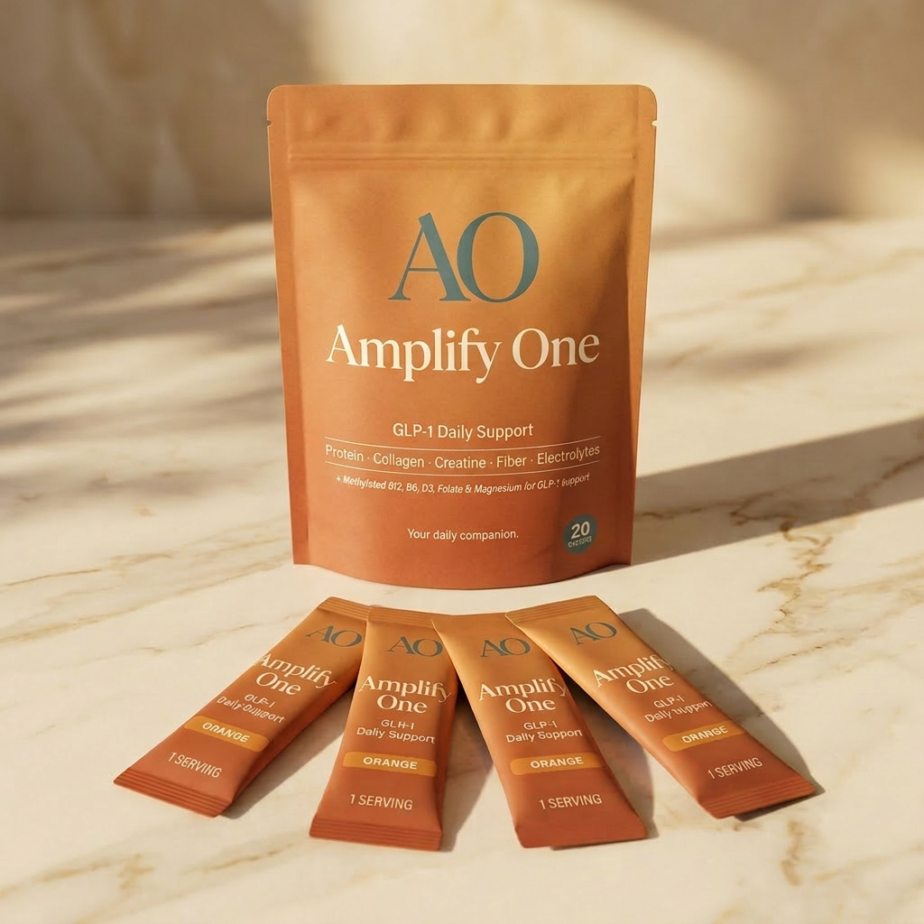 Amplify One GLP-1 Daily Support sachet pouch