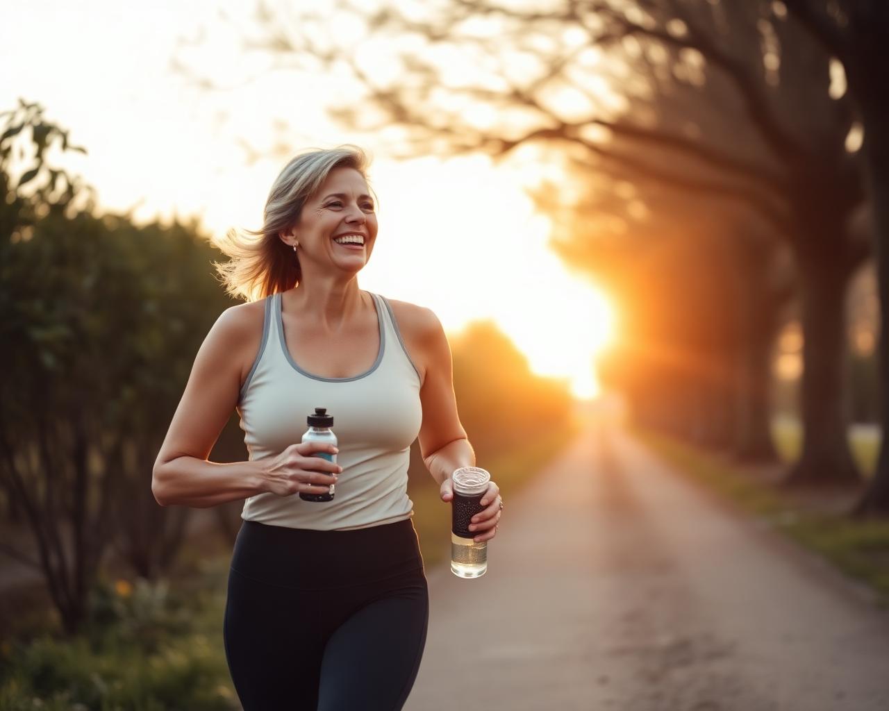 A woman walking outdoors at sunrise, embracing a sustainable GLP-1 lifestyle
